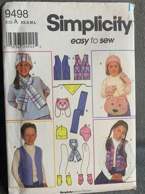 Simplicity 9498 Child's Vest Mittens Scarf Hat Sewing Pattern Size XS S L - Uncu